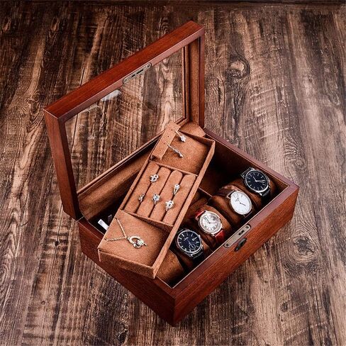 Watch Box Wooden Watch Jewelry Box With Lock Glass Wooden Box Double Storage Box Transparent Window For Men And Women in Saudi Arabia