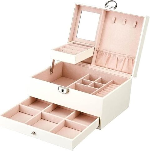 Storage Box Watch Lockable Jewelry Organizer with Mirrored Drawers Beige PU Leather Jewelry Case for Rings Earrings in Saudi Arabia