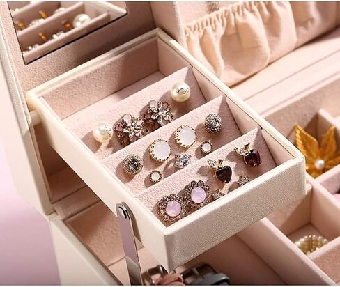 Storage Box Watch Lockable Jewelry Organizer with Mirrored Drawers Beige PU Leather Jewelry Case for Rings Earrings in Saudi Arabia