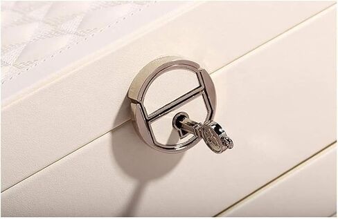 Storage Box Watch Lockable Jewelry Organizer with Mirrored Drawers Beige PU Leather Jewelry Case for Rings Earrings in Saudi Arabia