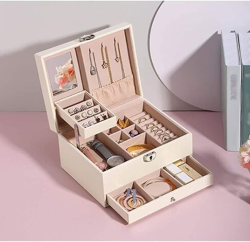 Storage Box Watch Lockable Jewelry Organizer with Mirrored Drawers Beige PU Leather Jewelry Case for Rings Earrings in Saudi Arabia