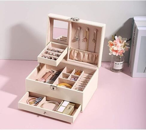 Storage Box Watch Lockable Jewelry Organizer with Mirrored Drawers Beige PU Leather Jewelry Case for Rings Earrings in Saudi Arabia
