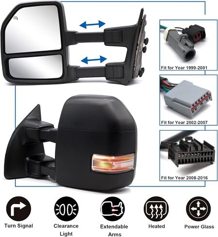 مرايا سحب JZSUPER تناسب 1999-2016 F250 F350 F450 F-550 Ford Super Duty Power، ساخنة، إشارة الانعطاف، غطاء أسود خفيف إضافي in Kuwait