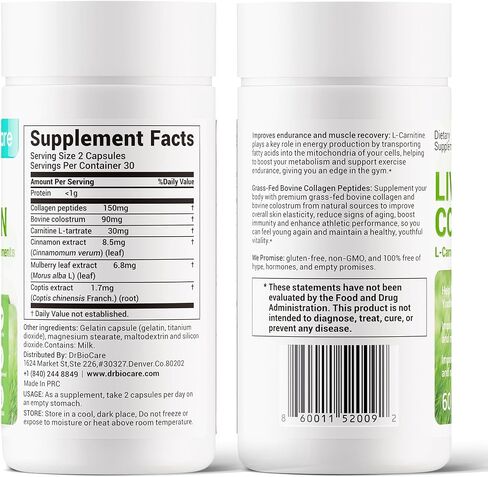 Living Collagen L-Carnitine Complex Supplement, Grass Fed Bovine Collagen Peptides,Bovine Colostrum,Cinnamon Extract,Mulberry Leaf Extract, Non-GMO, 60 Capsules in Saudi Arabia