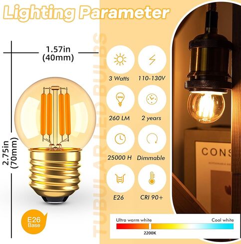 مصابيح LED بقدرة 3 وات قابلة للتعتيم منخفضة القوة تعادل 25 وات لمبات الإضاءة، E26 قاعدة قياسية G40 لمبات إضاءة صغيرة كروية، 2200 كلفن ضوء دافئ لإضاءة غرفة النوم والدراسة، زجاج كهرماني، 110 فولت، قطعتان in Kuwait