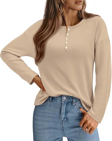 KIRUNDO Oversized Waffle Knit Tops for Women 2025 Fall Long Sleeve Henley Shirts Casual Blouse Deco Button Fashion Clothing in Saudi Arabia