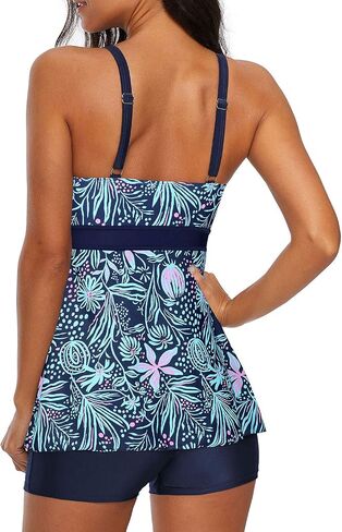 Zando Plus Size Womens Tankini Swimwuits for Women Tummy Control Bathing Suits 2 Piece Swimsuit Printed Floral Modest Swimwear Women's Swimdress Bathing Suit Top with Boyshorts Blue Trible Pattern 3XL in Saudi Arabia