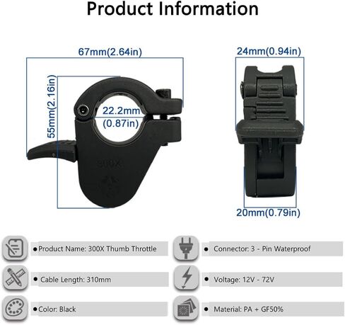 Ebike Thumb Throttle، 12V / 24V / 36V / 48V / 52V / 60V / 72V 3-Pin M8 مقاوم للماء Ebike Throttle، 300X مسرع مقود الإبهام الأيسر والأيمن للدراجات الكهربائية والدراجات البخارية 22 مم المقاود in Kuwait