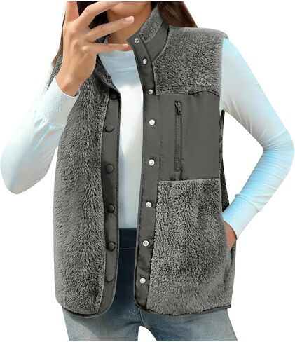 Womens Fleece Vest Lightweight Sleeveless Plus Size Vests Jacket with Pockets Fall Winter Warm Fashion Coat Outerwear in Kuwait