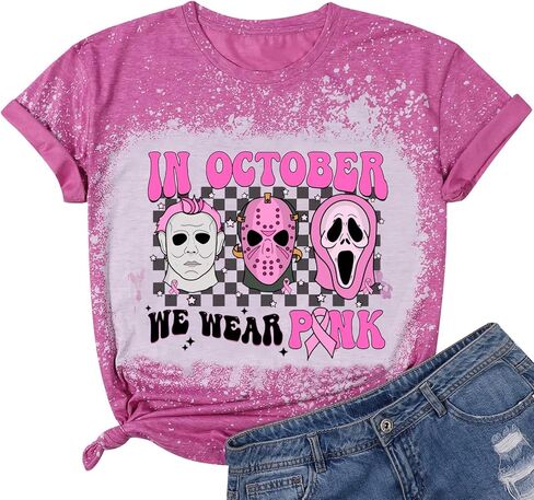 Breast Cancer Shirts Women Halloween Shirt Pink Ribbon Breast Cancer Awareness T-Shirts Novelty Graphic Short Sleeve Tops in Kuwait