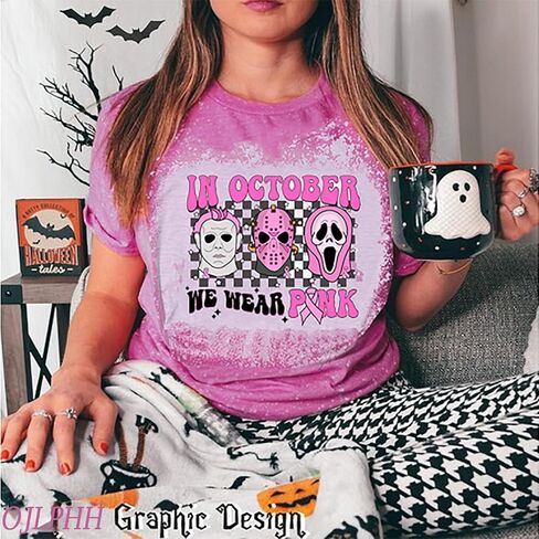 Breast Cancer Shirts Women Halloween Shirt Pink Ribbon Breast Cancer Awareness T-Shirts Novelty Graphic Short Sleeve Tops in Kuwait