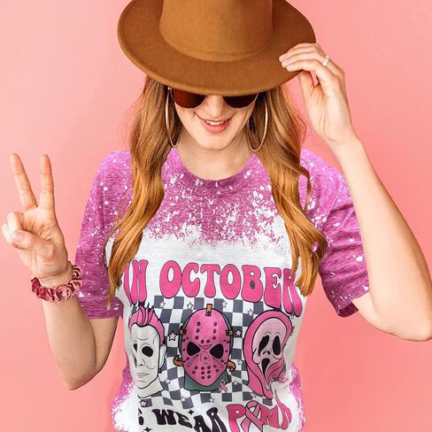 Breast Cancer Shirts Women Halloween Shirt Pink Ribbon Breast Cancer Awareness T-Shirts Novelty Graphic Short Sleeve Tops in Kuwait