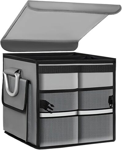 Car Trunk Organizer With Lid, 28L Collapsible Waterproof Oxford Fabric Trunk Organizer with Aluminum Handle, Portable 2-Compartment Cargo Storage Box for SUV, Truck, Sedan (Black) in Saudi Arabia
