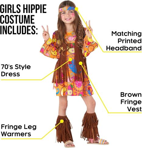 Morph Kids Hippie Vest Costume Girls Hippie Dress Costume 70s Costume Kids 70s Disco Hippie Costume Dress Outfit For Girls in Saudi Arabia
