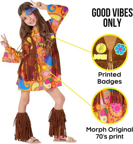 Morph Kids Hippie Vest Costume Girls Hippie Dress Costume 70s Costume Kids 70s Disco Hippie Costume Dress Outfit For Girls in Saudi Arabia