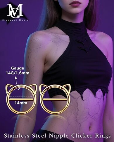 CM Crareesi Mania Black Nipple Rings, 316L Surgical Steel Nipple Piercing Jewelry, 14G Cat Nipple Clicker Ring for Women in Saudi Arabia