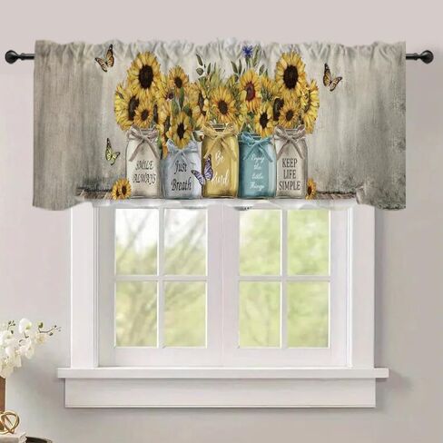Art Studio 54x18 Inches Black Yellow Sunflower Window Treatment Valance Butterfly Flower Kitchen Blackout Drapes Bathroom Bedroom Living Room Polyester Fabric Curtains Decorations Supplies in Saudi Arabia