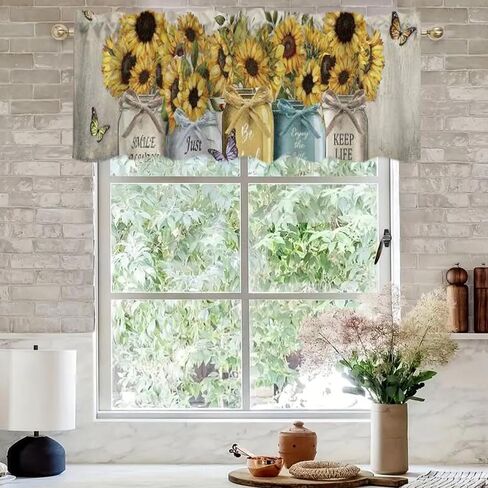 Art Studio 54x18 Inches Black Yellow Sunflower Window Treatment Valance Butterfly Flower Kitchen Blackout Drapes Bathroom Bedroom Living Room Polyester Fabric Curtains Decorations Supplies in Saudi Arabia