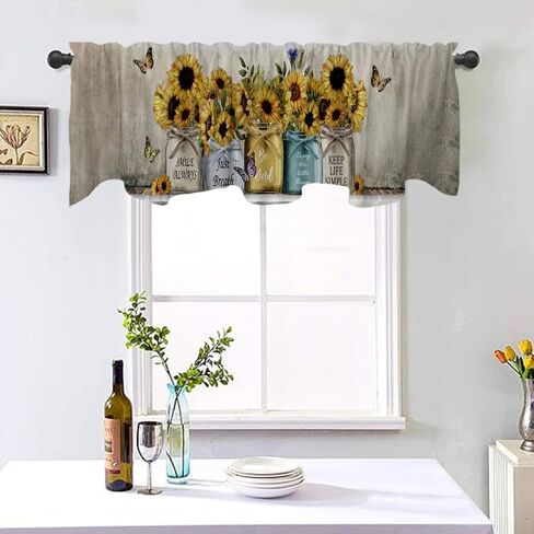 Art Studio 54x18 Inches Black Yellow Sunflower Window Treatment Valance Butterfly Flower Kitchen Blackout Drapes Bathroom Bedroom Living Room Polyester Fabric Curtains Decorations Supplies in Saudi Arabia