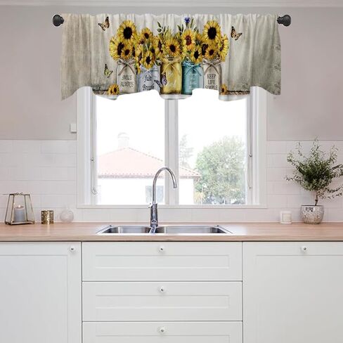 Art Studio 54x18 Inches Black Yellow Sunflower Window Treatment Valance Butterfly Flower Kitchen Blackout Drapes Bathroom Bedroom Living Room Polyester Fabric Curtains Decorations Supplies in Saudi Arabia