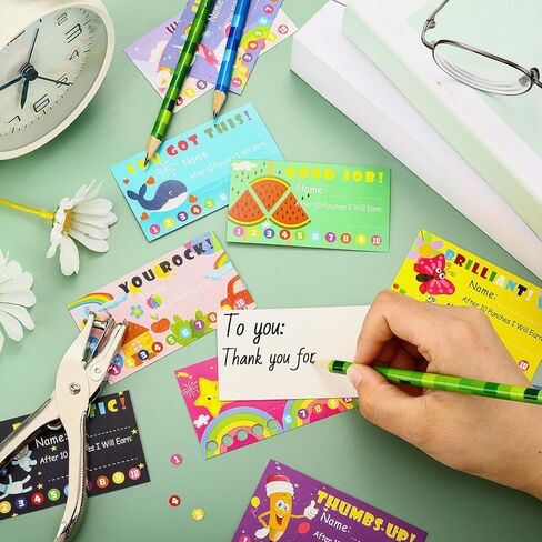 200 Pcs Behavior Punch Cards with Hole Puncher for Kids Reward Chart for Kids Loyalty Cards for Classroom Students Teachers Business Kids Behavior 3.5 x 2 Inch, 10 Styles (Bright Style) in Kuwait