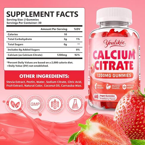 Calcium Citrate Gummies 1200 mg, Calcium Supplement for Women & Men, Ultimate Absorption Calcium Gummies for Bone, Muscle & Immune Support, Strawberry Flavor, 60 Count in Saudi Arabia