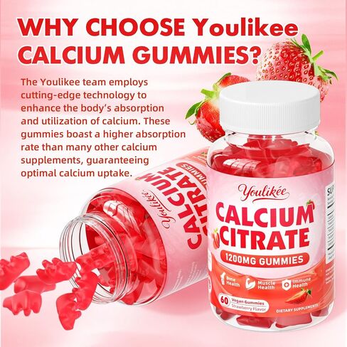 Calcium Citrate Gummies 1200 mg, Calcium Supplement for Women & Men, Ultimate Absorption Calcium Gummies for Bone, Muscle & Immune Support, Strawberry Flavor, 60 Count in Saudi Arabia
