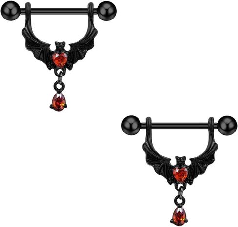 Kokoma 14G Gothic Bat Nipple Rings with Red Crystal Heart for Women CZ Dangling Charm Nipplerings Barbell Nipple Piercings Body Piercing Jewelry for Halloween Costume Party in Saudi Arabia