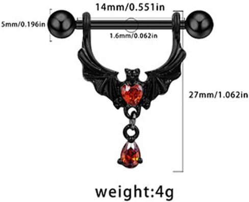 Kokoma 14G Gothic Bat Nipple Rings with Red Crystal Heart for Women CZ Dangling Charm Nipplerings Barbell Nipple Piercings Body Piercing Jewelry for Halloween Costume Party in Saudi Arabia