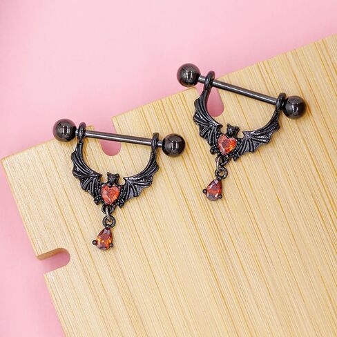 Kokoma 14G Gothic Bat Nipple Rings with Red Crystal Heart for Women CZ Dangling Charm Nipplerings Barbell Nipple Piercings Body Piercing Jewelry for Halloween Costume Party in Saudi Arabia