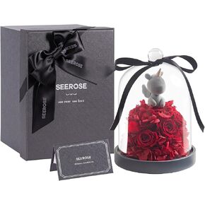 SEEROSE Preserved Rose with Cupid Bear in Glass Dome, Eternal Real Rose Romantic Gift for Her, Women, Mom, Wife, Girlfriend, Valentine’s Day, Mother’s Day, Christmas, Birthday (Cupid Bear, Red) in Saudi Arabia