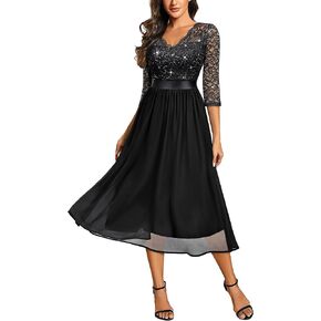 Miusol Women's Elegant V Neck Sequin Lace Sleeve Bridesmaid Party A-line Dress in Saudi Arabia