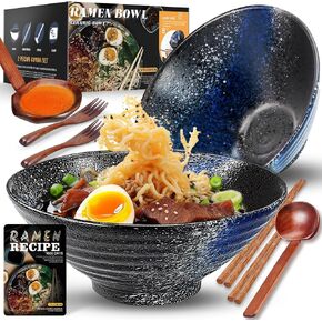 YTLEMON Ramen Bowls Set of Ceramic, 2 Sets of 34 Ounces Large Japanese Serving Bowls with Chopsticks and Spoons for Pho, Dinnerware for New Apartments Suitable as Housewarming Gifts(Blue) in Saudi Arabia