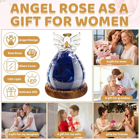 Gift for Women Preserved Flowers Eternal Rose in Glass Angel Forever Flowers Real Red Roses with LED Lights in Mother's Day Birthday Christmas Wedding Ceremony in Saudi Arabia