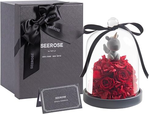 SEEROSE Preserved Rose with Cupid Bear in Glass Dome, Eternal Real Rose Romantic Gift for Her, Women, Mom, Wife, Girlfriend, Valentine’s Day, Mother’s Day, Christmas, Birthday (Cupid Bear, Red) in Saudi Arabia
