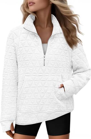 Womens Long Sleeve Quarter Zip Pullover Quilted Sweatshirt Casual Loose V Neck Collared Thumb Hole Tops with Pockets in Saudi Arabia