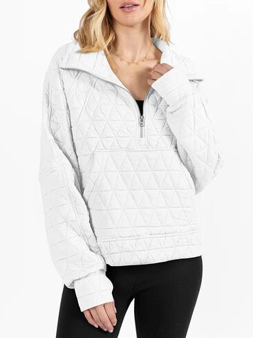 Womens Long Sleeve Quarter Zip Pullover Quilted Sweatshirt Casual Loose V Neck Collared Thumb Hole Tops with Pockets in Saudi Arabia