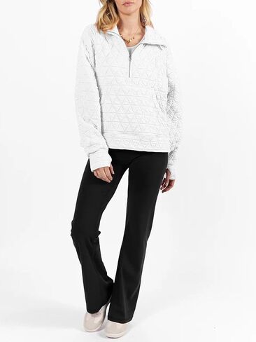 Womens Long Sleeve Quarter Zip Pullover Quilted Sweatshirt Casual Loose V Neck Collared Thumb Hole Tops with Pockets in Saudi Arabia