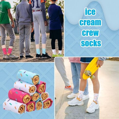 Shihanee 6 Pairs Ice Cream Socks for Youth Teen Funny Sports Baseball Gift Boys Kids Girls Athletic Crew Sock for 8-12 Kids Christmas Gift Party Favors in Saudi Arabia
