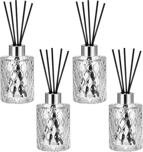 4 Set Empty Reed Diffuser Bottle Set with Stick, 150ml Refillable Patterned Glass Vase with Black Rattan Reed & Cap for DIY Essential Oil, Home Fragrance, Bulk,Silver in Saudi Arabia