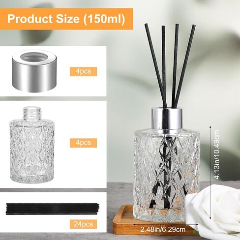 4 Set Empty Reed Diffuser Bottle Set with Stick, 150ml Refillable Patterned Glass Vase with Black Rattan Reed & Cap for DIY Essential Oil, Home Fragrance, Bulk,Silver in Saudi Arabia