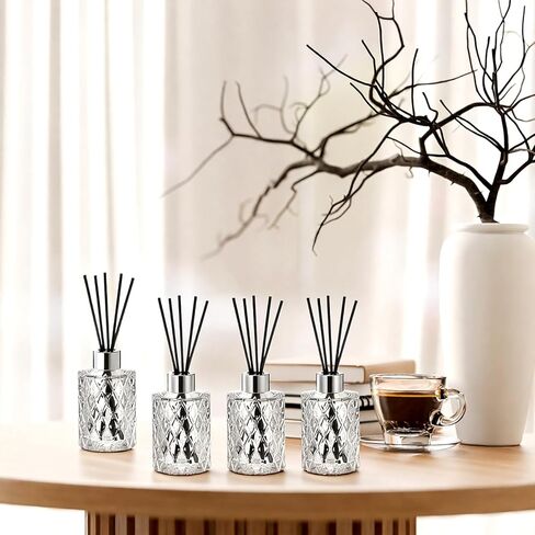 4 Set Empty Reed Diffuser Bottle Set with Stick, 150ml Refillable Patterned Glass Vase with Black Rattan Reed & Cap for DIY Essential Oil, Home Fragrance, Bulk,Silver in Saudi Arabia