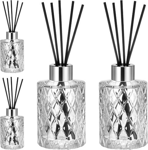 4 Set Empty Reed Diffuser Bottle Set with Stick, 150ml Refillable Patterned Glass Vase with Black Rattan Reed & Cap for DIY Essential Oil, Home Fragrance, Bulk,Silver in Saudi Arabia