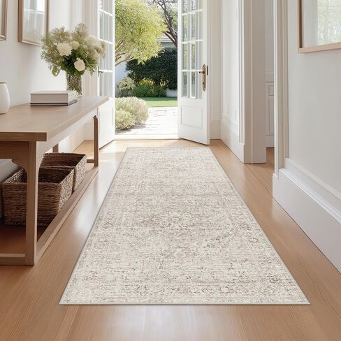 Fmfunctex 2x6 Hallway Runner Rug Beige Vintage Neutral Washable Distressed Non Slip Low Pile Traditional Indoor Carpet Soft Retro Entryway Rug for Kitchen Living Room Bedroom Bathroom Laundry Entrance in Saudi Arabia