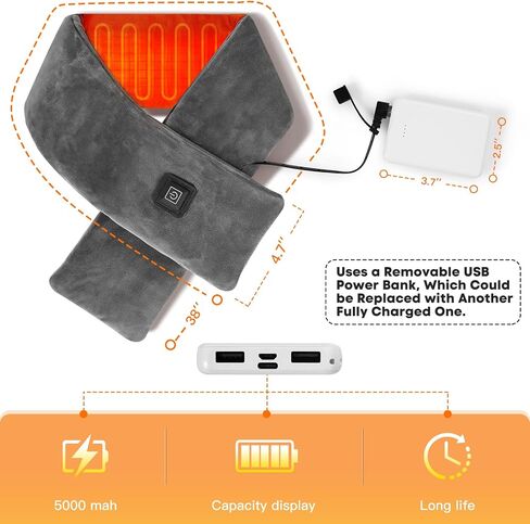 Neck Heating Pad Cordless, Rechargeable Heated Scarf with 5000mAh Power Bank, Portable Neck Warmer with 3 Heating Levels, Heating Pad for Neck Pain Relief and Stiffness, Christmas Gift, Grey in Saudi Arabia