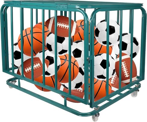 Sports Equipment Organizer Foldable Mental Sports Ball Storage Cart with Lid and Wheels Rolling Ball Cart for Gym, School, Indoor and Outdoor, Black in Kuwait