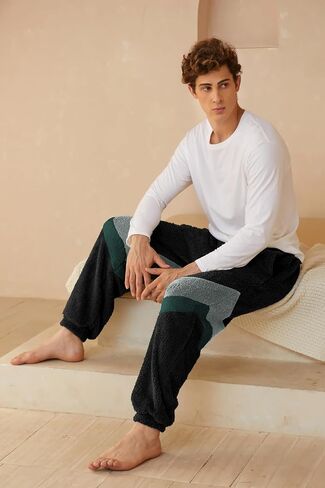 ZAFUL Men's Fluffy Teddy Beam Feet Pants Plush Warm Soft Pajama Pants Winter Cozy Fleece Baggy Lounge Trouser Sleepwear in Saudi Arabia