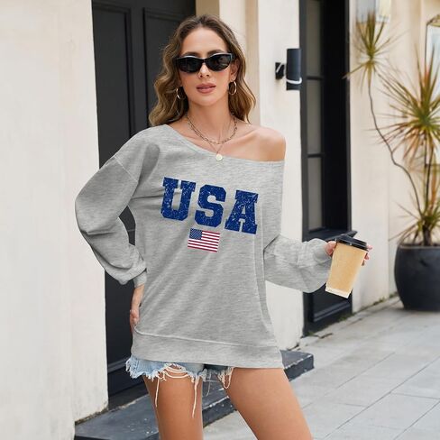 الولايات المتحدة الأمريكية قبالة الكتف البلوز المرأة المتضخم العلم الأمريكي Preppy هوديي خمر الجرافيك البلوز بلوزات in Kuwait