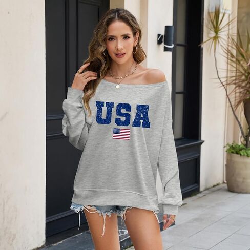 الولايات المتحدة الأمريكية قبالة الكتف البلوز المرأة المتضخم العلم الأمريكي Preppy هوديي خمر الجرافيك البلوز بلوزات in Kuwait