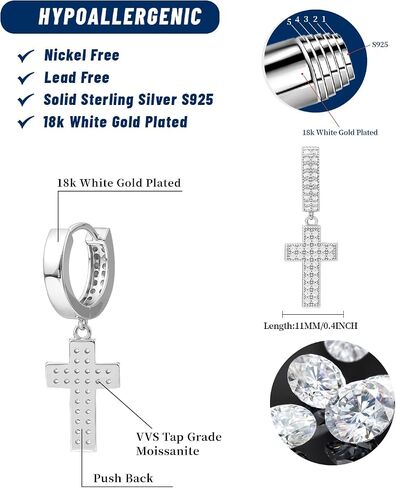Iced Out Hoop Earrings Moissanite Earrings Mens Women Lab Diamond Small Huggies Cross Dangle Cartilage S925 18K Gold Plated Hypoallergenic Hip Hop Earring with VVS1 GRA Certified 15MM in Saudi Arabia